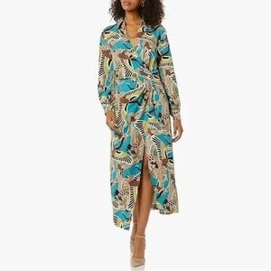Terea Andrea Pitter Enamel Blue Crane Print Wrap Maxi Dress Lg‎ / #1141